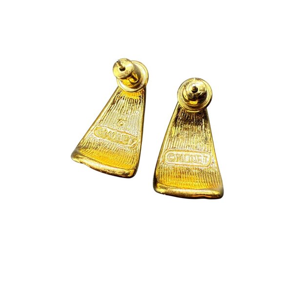 Vintage Monet Red Enamel Triangle Pierced Stud Earrings Gold Tone - Picture 3 of 4